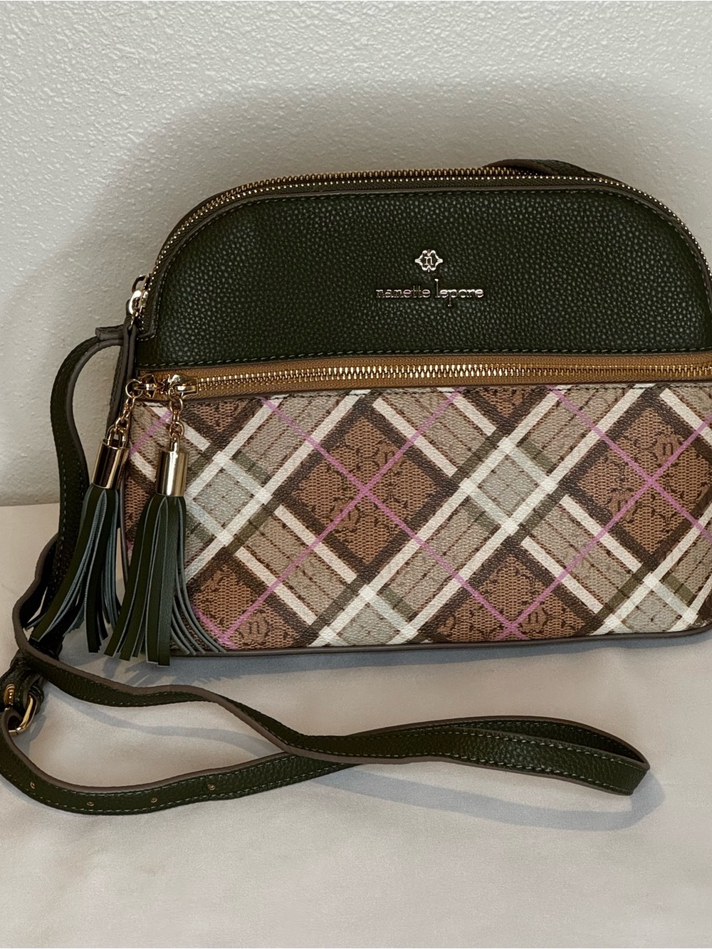 Nanette Lepore Olive Green Crossbody With Pops of Pink